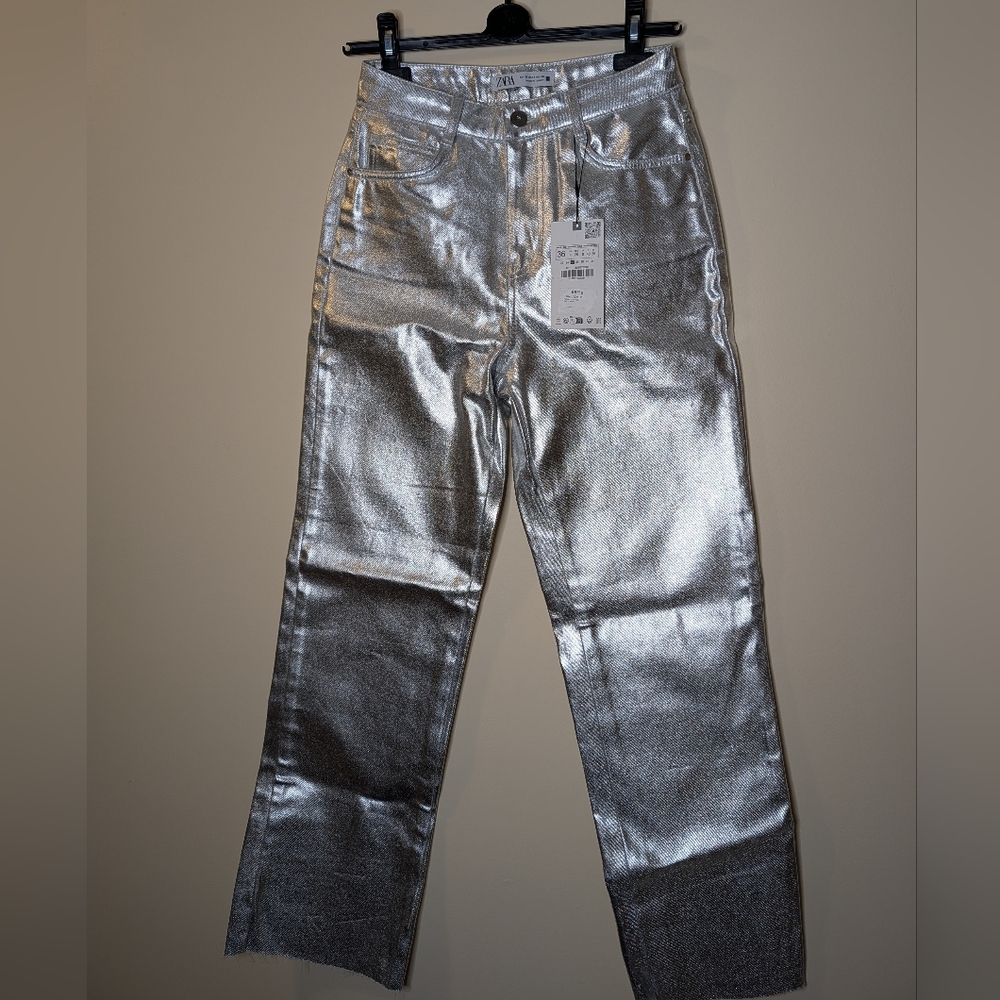 Zara Shimmering Silver Trousers, Silver Robot Pants, Metallic Long Pants